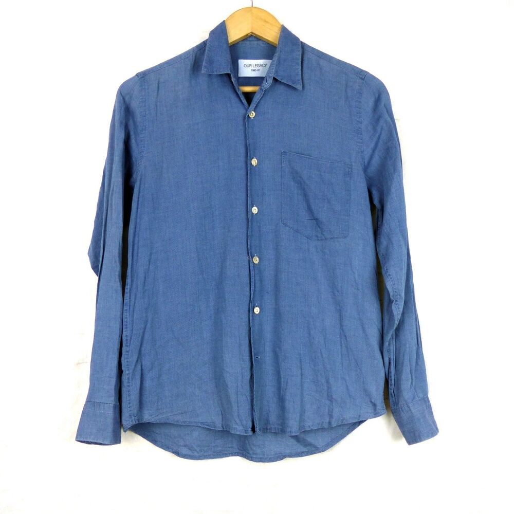 Our Legacy 1980-81 Shirt Mens XS 44 Blue Indigo Cotton Button Up Shirting Italy